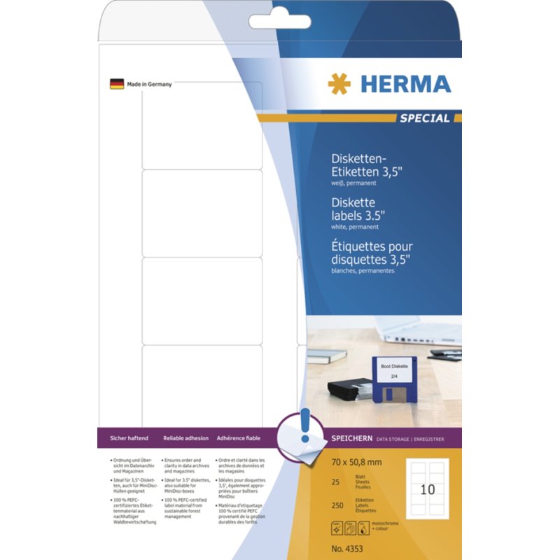 HERMA étiquettes disquette 3,5 pouces SPECIAL, 70 × 67,7 mm, blanc, 200 pièces