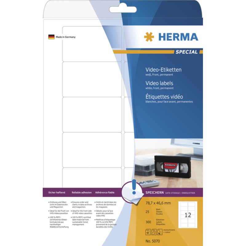 HERMA video labels special, 147.3 × 20 mm, white, 325 pieces