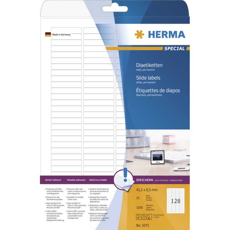 HERMA étiquettes pour diapositives SPECIAL, 43,2 × 8,5 mm, blanc, 3200 pièces
