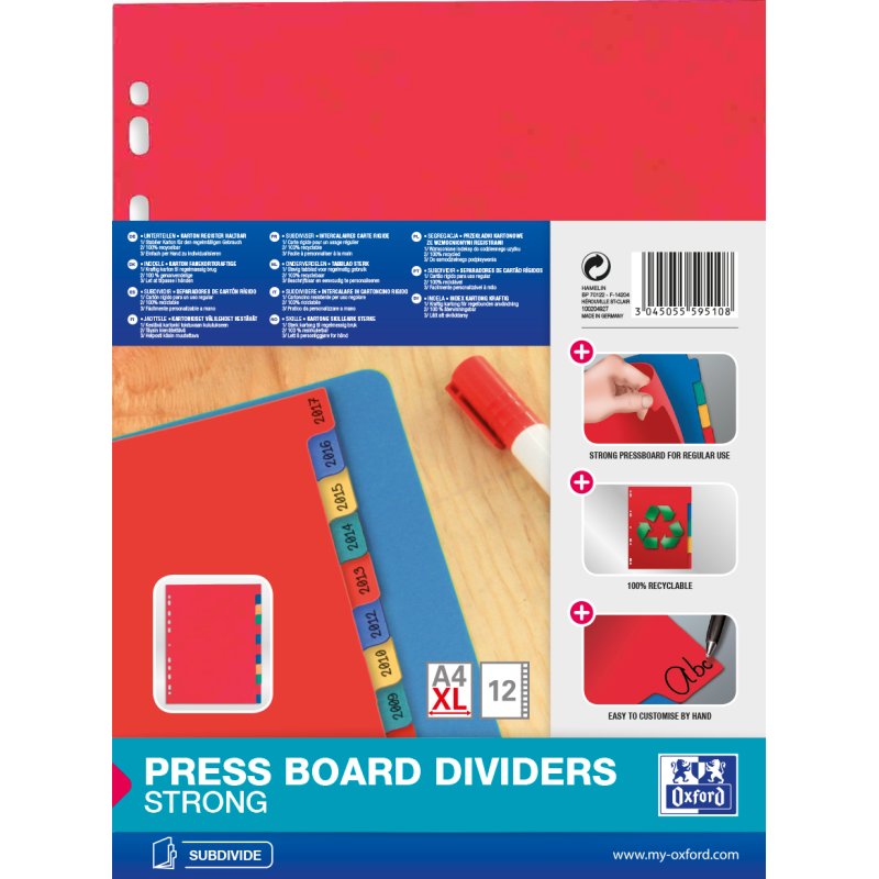 Oxford intercalaires carton, blancs, A4, 12-pièces