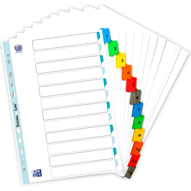 Oxford numbered index tabs A4, coloured, 12-part, 170 g/m²