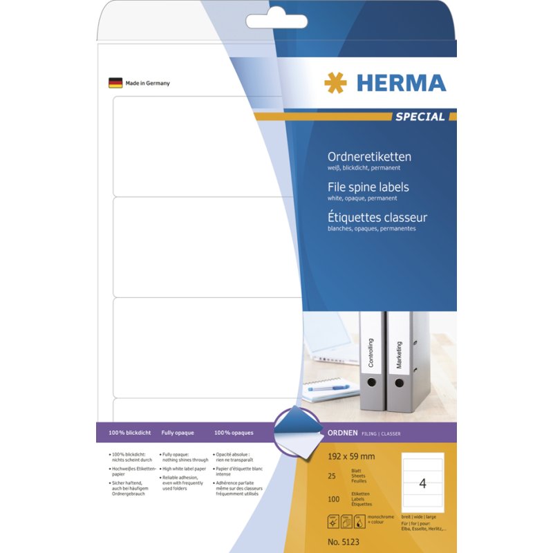 HERMA étiquettes dos de classeur SPECIAL, 192 × 61 mm, blanc, 100 pièces