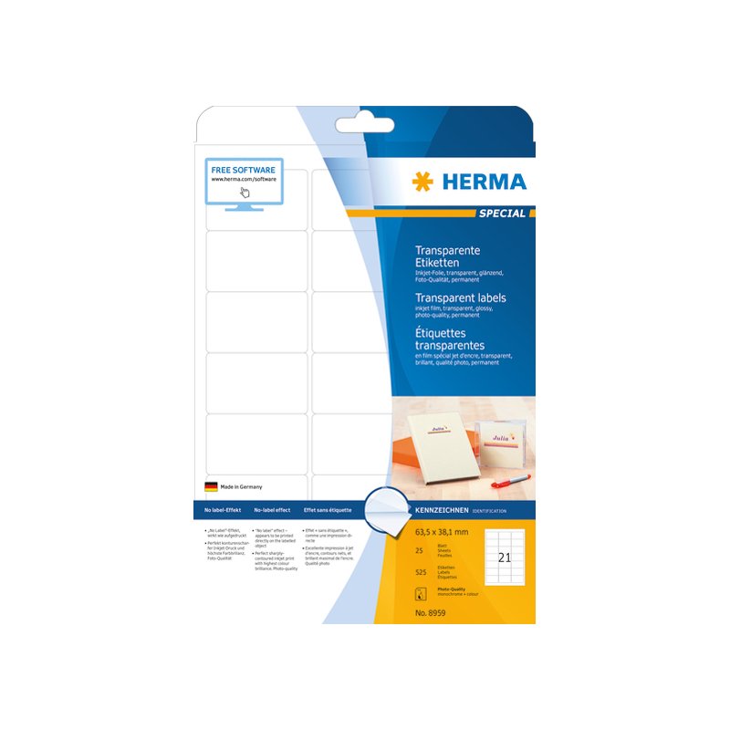 HERMA inkjet labels, 210×297 mm, transparent, 10 pieces