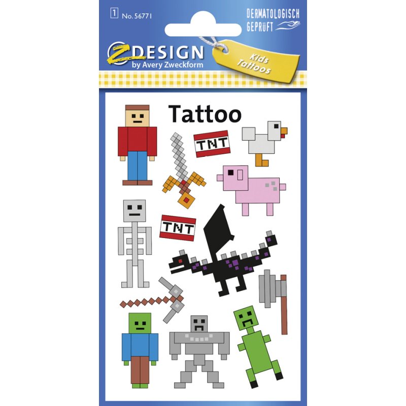 AVERY Zweckform kinder tijdelijke stickers Pixel, tattoofolie, 1 vel à 13 tattoos