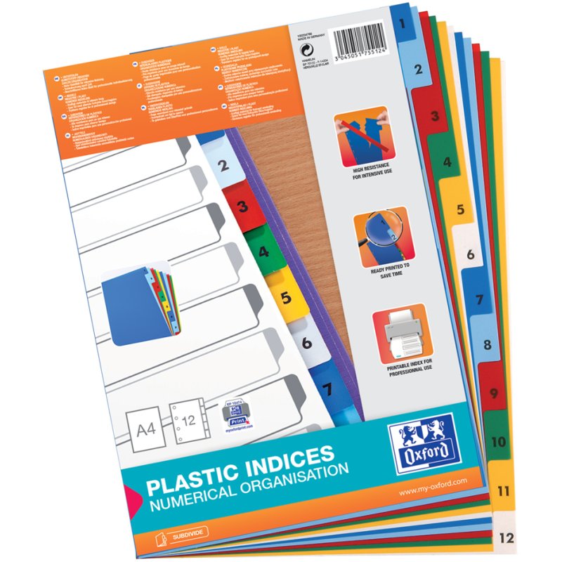 Oxford intercalaires chiffres 1-10, A4+, colorés, 10 pièces