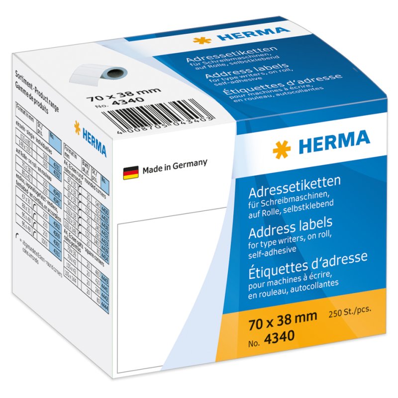 HERMA adresetiketten, 70 × 38 mm, wit, 250 stuks