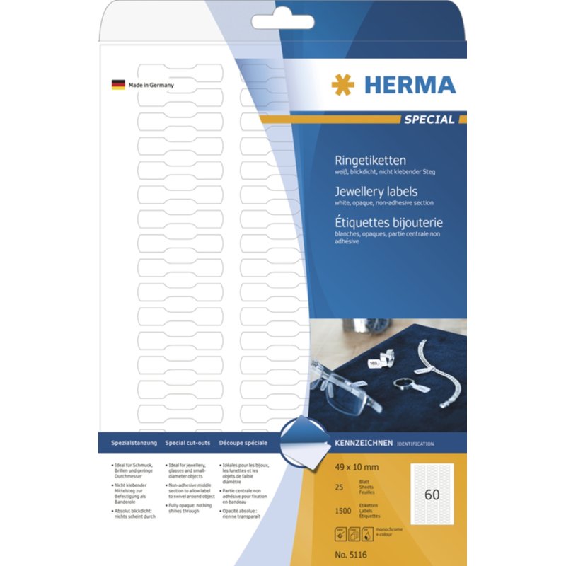 HERMA ringetiketten wit, 49 × 10 mm, 1500 stuks