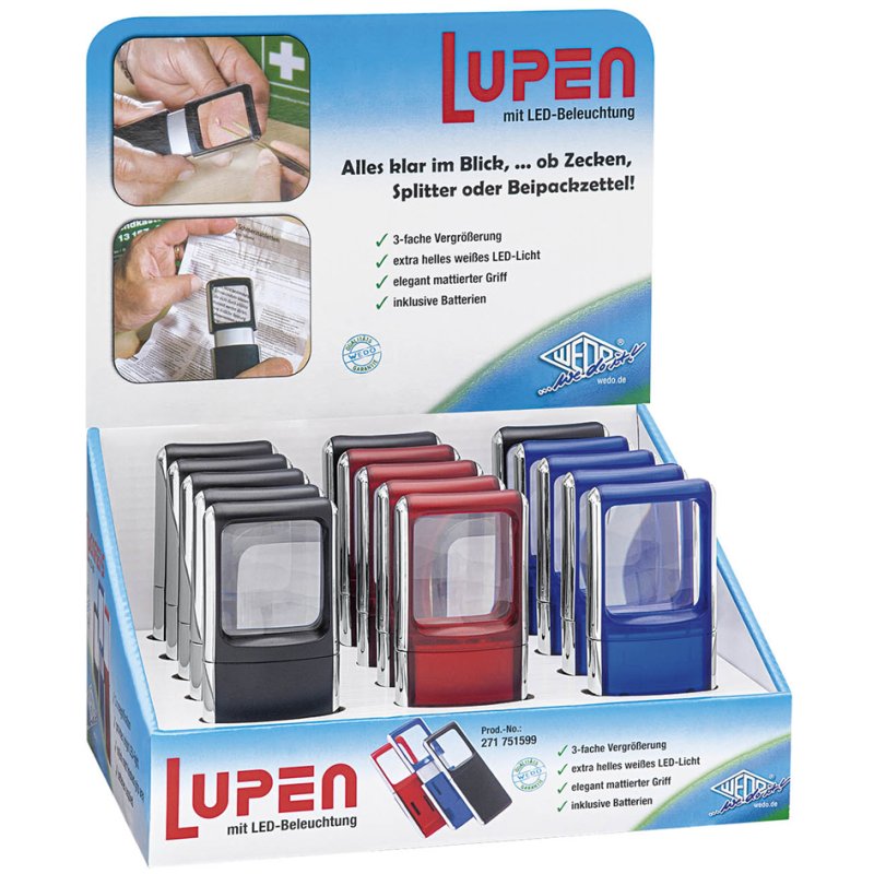 WEDO rechthoekige loep met LED-verlichting, 3x vergroting, kunststoflens 35×38 mm