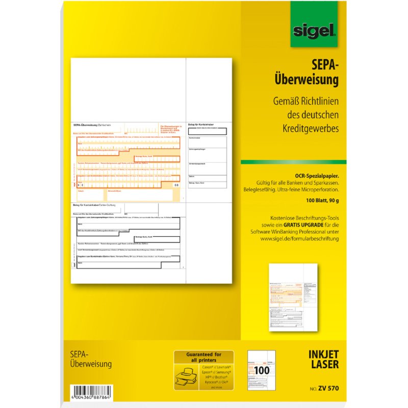 Sigel bank form PC-SEPA transfer, white, A4, OCR paper, 250 sheets