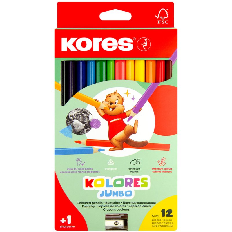 Kores Jumbo crayons triangulaires, 12 pièces, assorties colorées