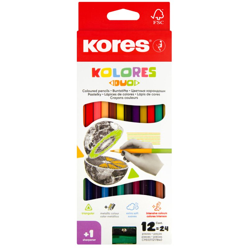 Kores DUO colouring pencils, triangular, 12 pieces, pencil sharpener