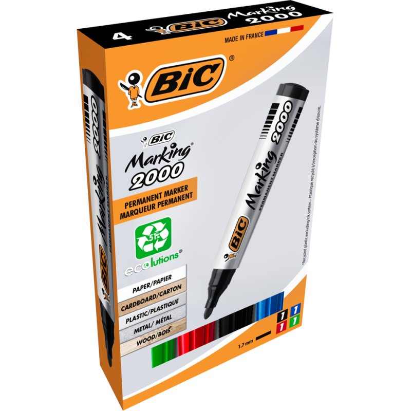 BIC permanent markers 2000 Ecolutions, ronde punt, set van 4 stuks
