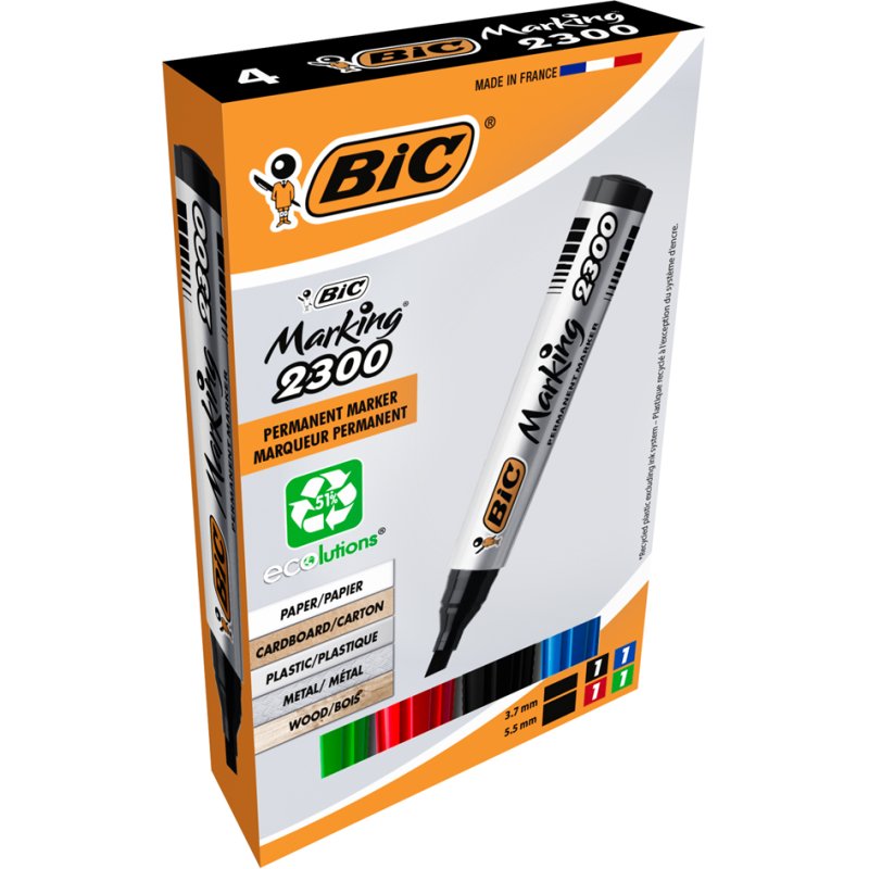 Bic 2300 Ecolutions permanent markers, chisel tip, 4 pieces, 4 colours