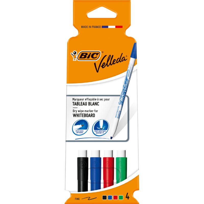 BIC marqueurs pour tableau blanc Velleda 1721, pointe ronde, 1,5 mm, 4 pièces