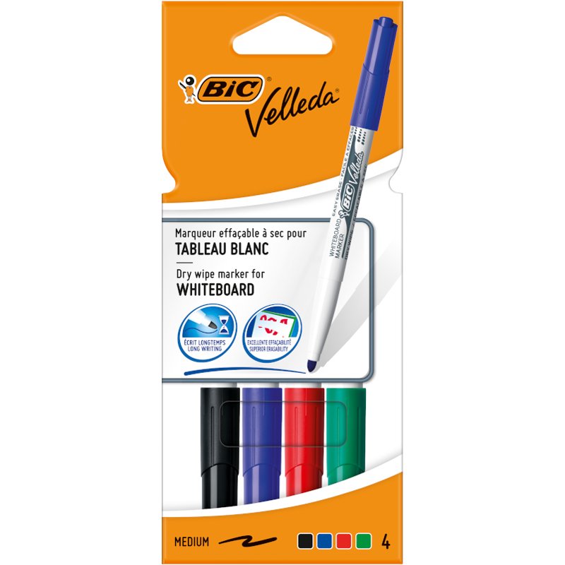 BIC Velleda whiteboardmarkers, rond 1,4 mm, 4 kleuren