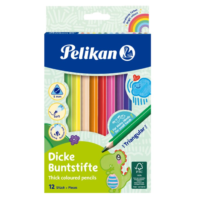 Pelikan crayons triangulaires épais, assortiment de couleurs, 4,0 mm, 12 pièces