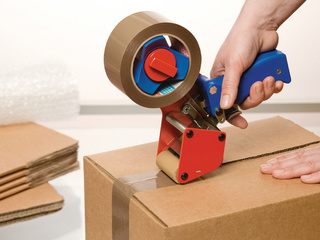 tesa handafroller premium verpakkingstape, tot 50 mm, blauw/rood