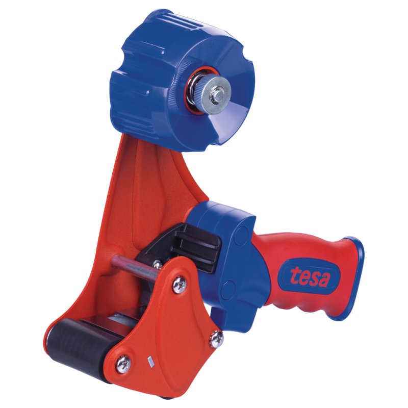 tesa dérouleur manuel premium ruban d'emballage, jusqu'à 50 mm, bleu/rouge
