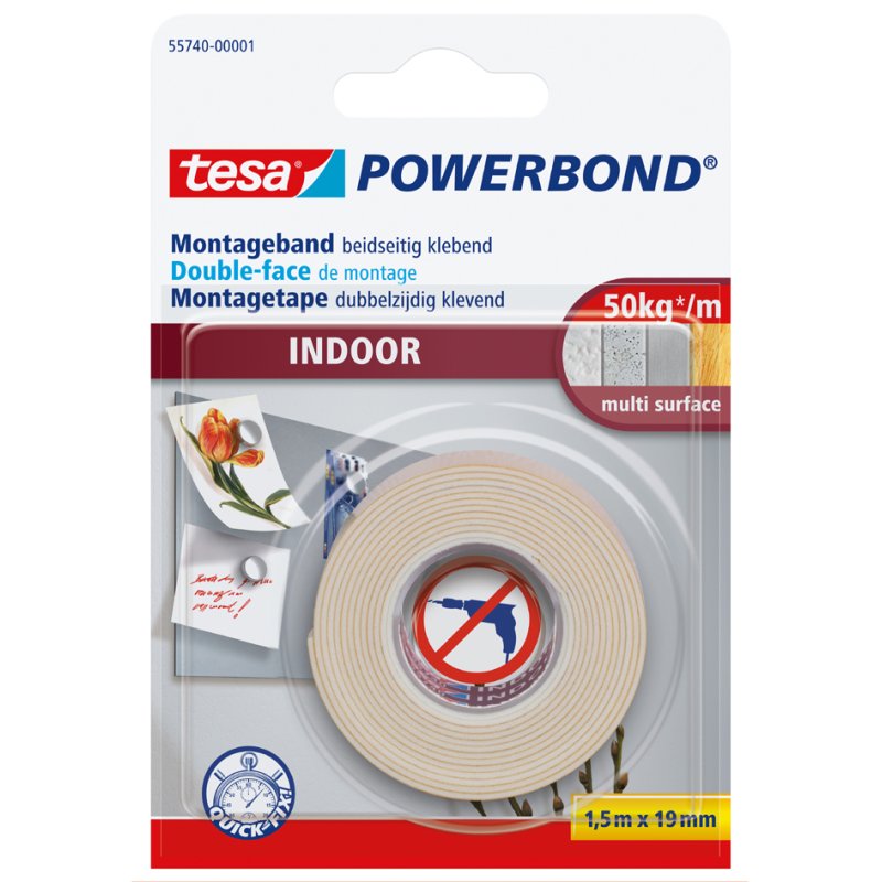 tesa Powerbond ruban de montage intérieur, blanc, 19 mm × 1,5 m, ultra-résistant