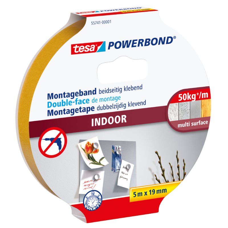tesa Powerbond ruban de montage intérieur, blanc, 19 mm × 1,5 m, ultra-résistant