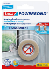 tesa Powerbond montagetape, transparant, 19 mm × 5,0 m