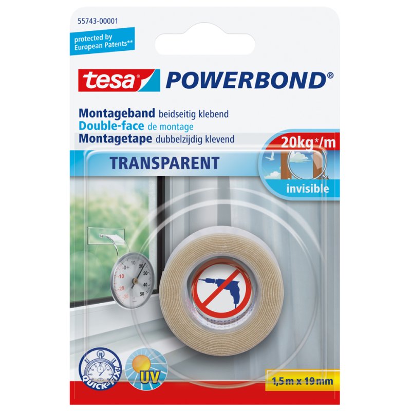 tesa Powerbond ruban de montage, transparent, 19 mm × 1,5 m