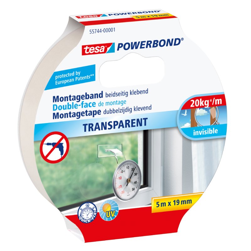 tesa Powerbond ruban de montage, transparent, 19 mm × 1,5 m