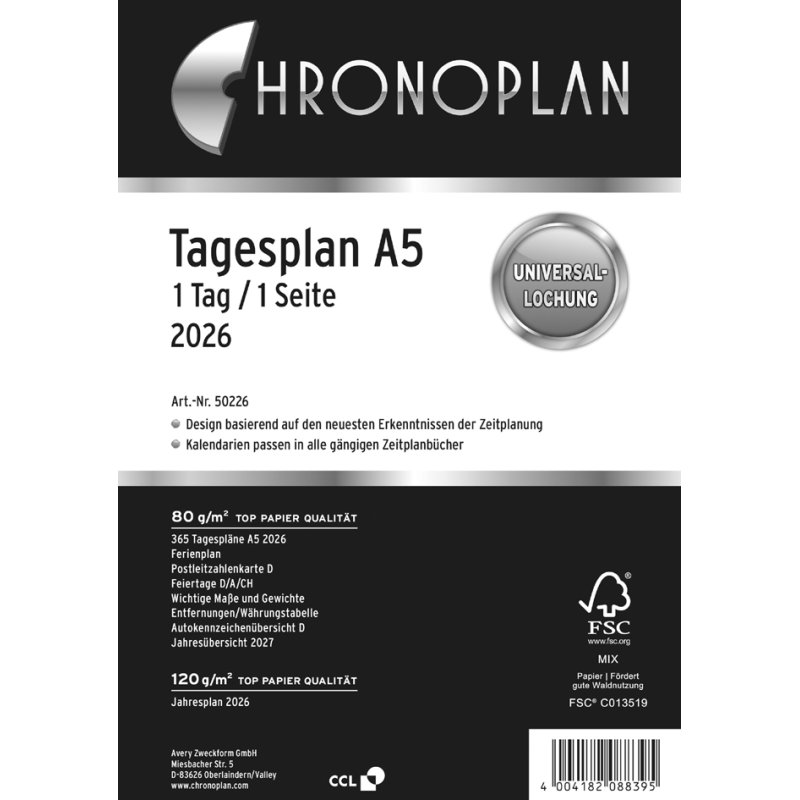 CHRONOPLAN dagplanner 2026, 1 dag per pagina, A5-formaat