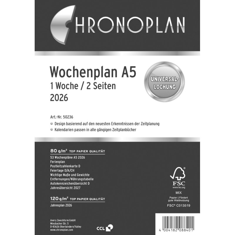 CHRONOPLAN weekplanner 2027, A5, universele perforatie, 1 week/2 pagina's
