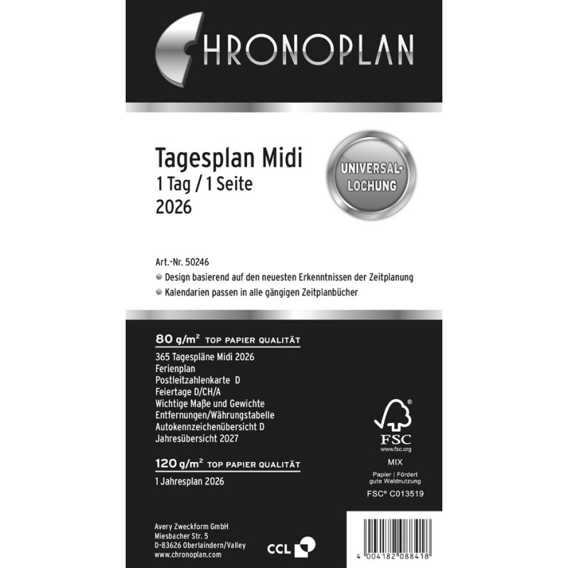 CHRONOPLAN Dagplanner 2027, Midi 96 x 172 mm, 1 dag/1 pagina, universele ponsing