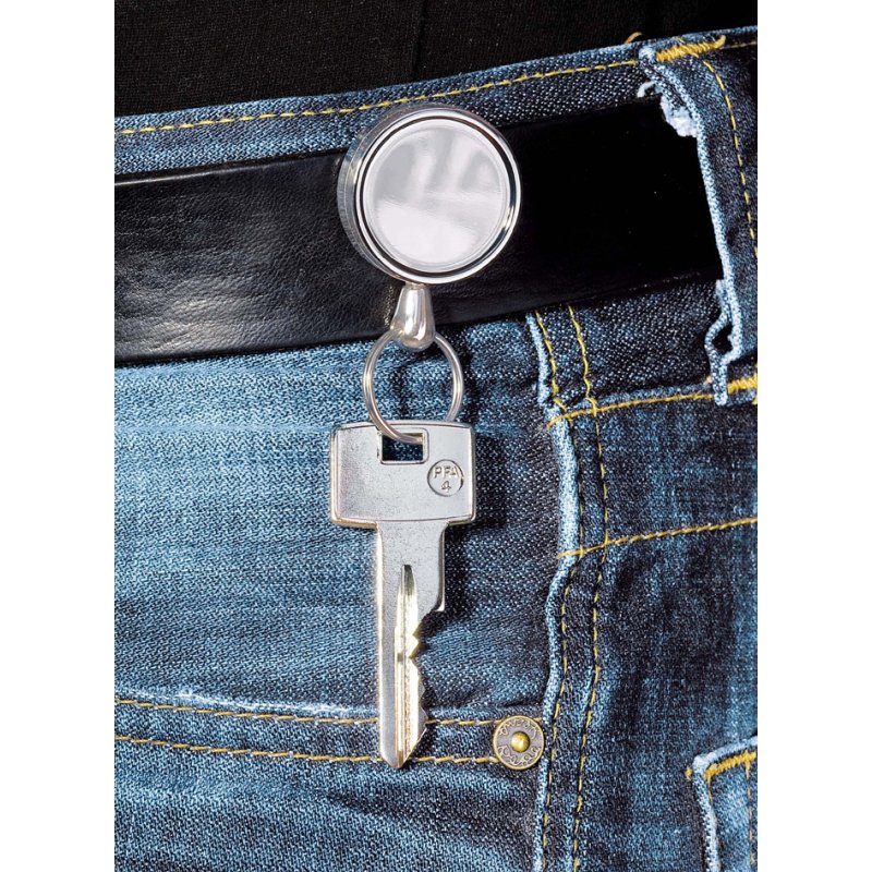 WEDO belt clip with retractable steel cable, silver, 710 mm, stainless steel