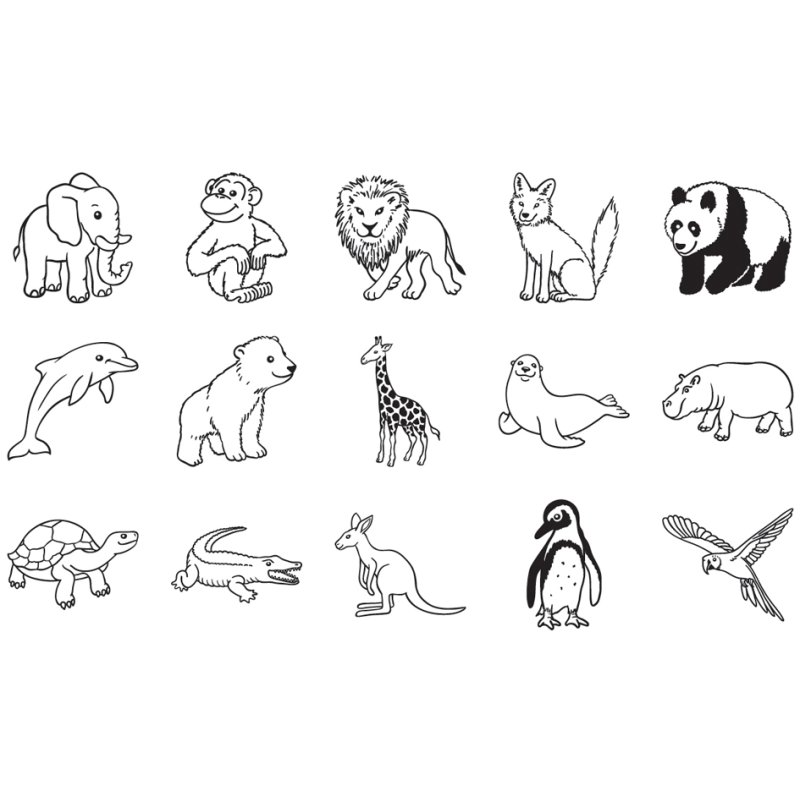 HEYDA set de tampons Animaux du Zoo, bois, 15 pièces, tampon noir