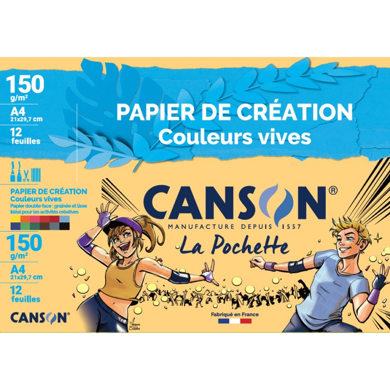 CANSON papier cartonné couleur A4, 150g/m², texture brute, 12 feuilles