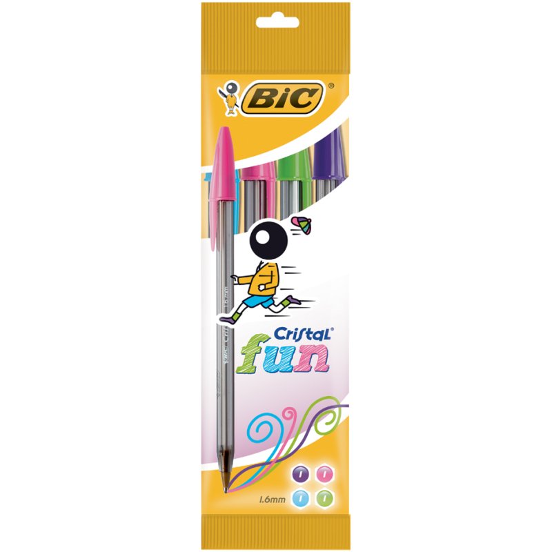 BIC Cristal Fun stylos à bille, 4 couleurs, transparent, 4 pièces