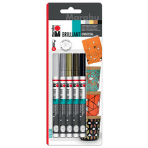 Marabu Brilliant Painter lakmarkers, 1-2 mm, 5 stuks, goud/zilver/koper/zwart/wit