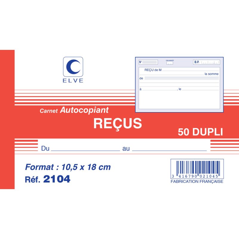 ELVE manifold reçus TTC inclus, 105×180 mm, livre duplicata, 50 feuilles