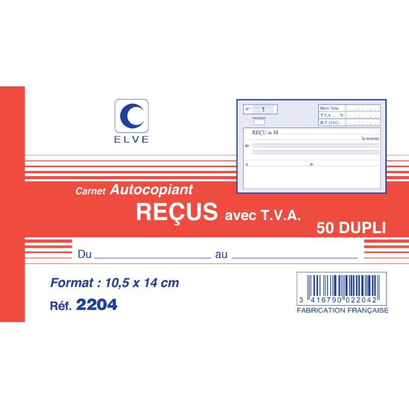ELVE manifold reçus TTC inclus, 105×180 mm, livre duplicata, 50 feuilles