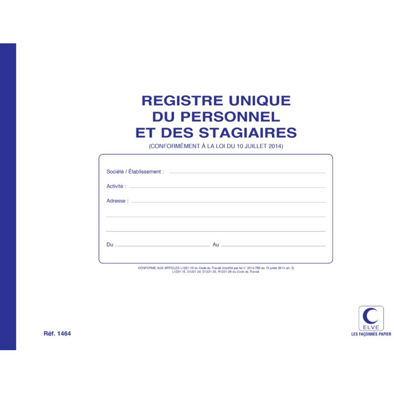 ELVE registre du personnel et des stagiaires, 52 pages, 210×297 mm