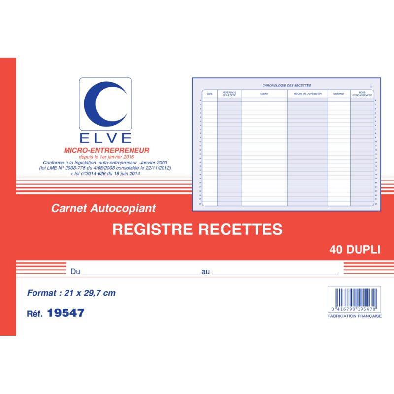 ELVE chemise de classement Recettes indépendants sans personnel, 40 feuilles, A4