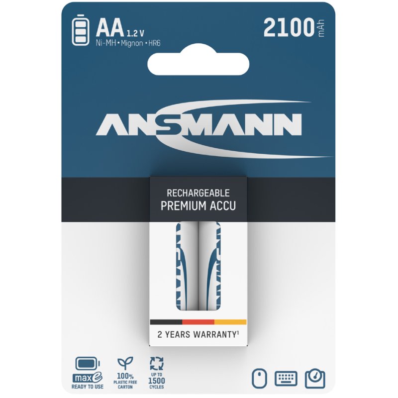 ANSMANN Piles rechargeables NiMH AA, 2100 mAh, 2 pièces