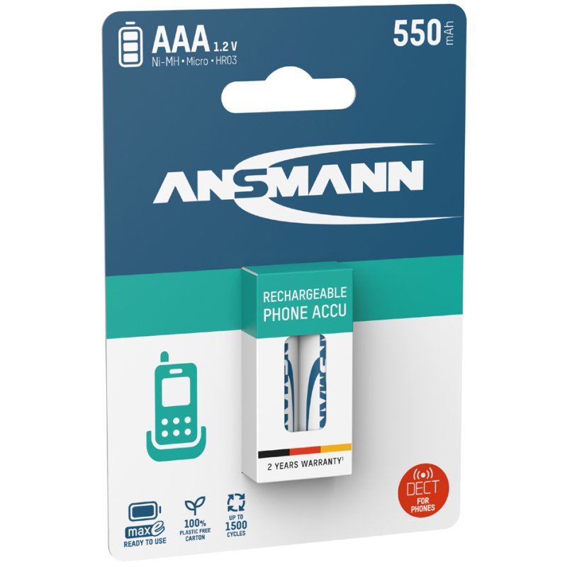 ANSMANN NiMH rechargeable AAA batteries, 800 mAh, DECT phones, 2 pieces