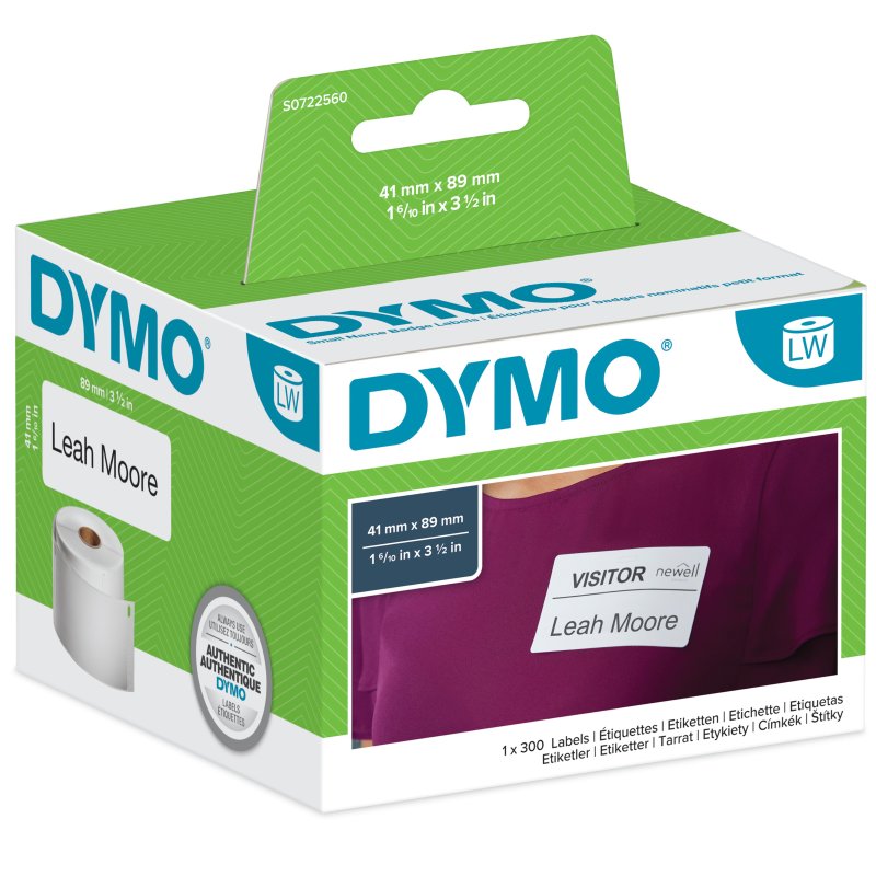 DYMO naambadges, 89 × 41 mm, wit, weer afneembaar, 300 stuks