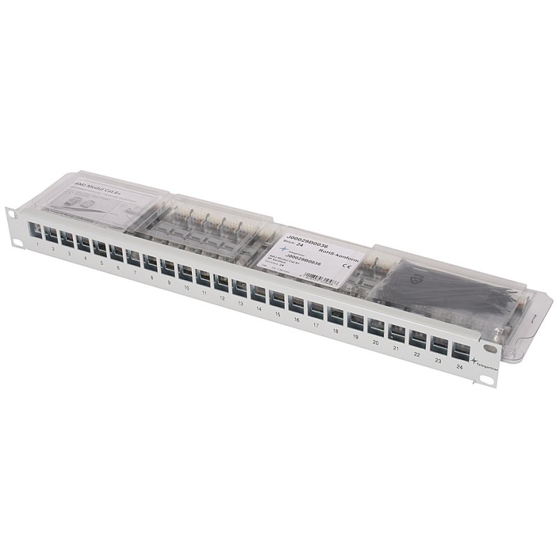 TELEGÄRTNER 19" modular carrier, light grey, 24 x AMJ modules Cat.6A, 1 HE
