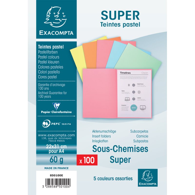 EXACOMPTA chemises SUPER 60, A4, jaune, 100 pièces