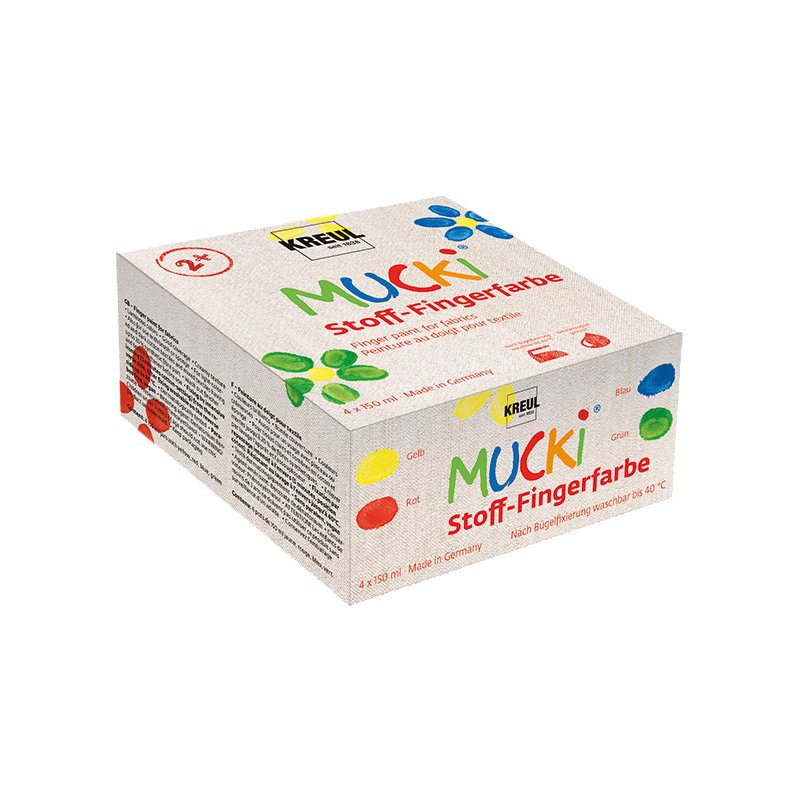 KREUL stoffen vingerverf MUCKI, set van 4 × 150 ml, geel/rood/blauw/groen