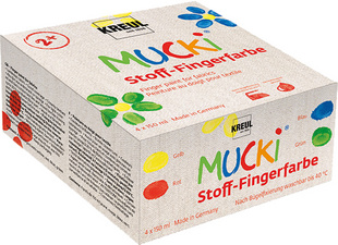 KREUL stoffen vingerverf MUCKI, set van 4 × 150 ml, geel/rood/blauw/groen