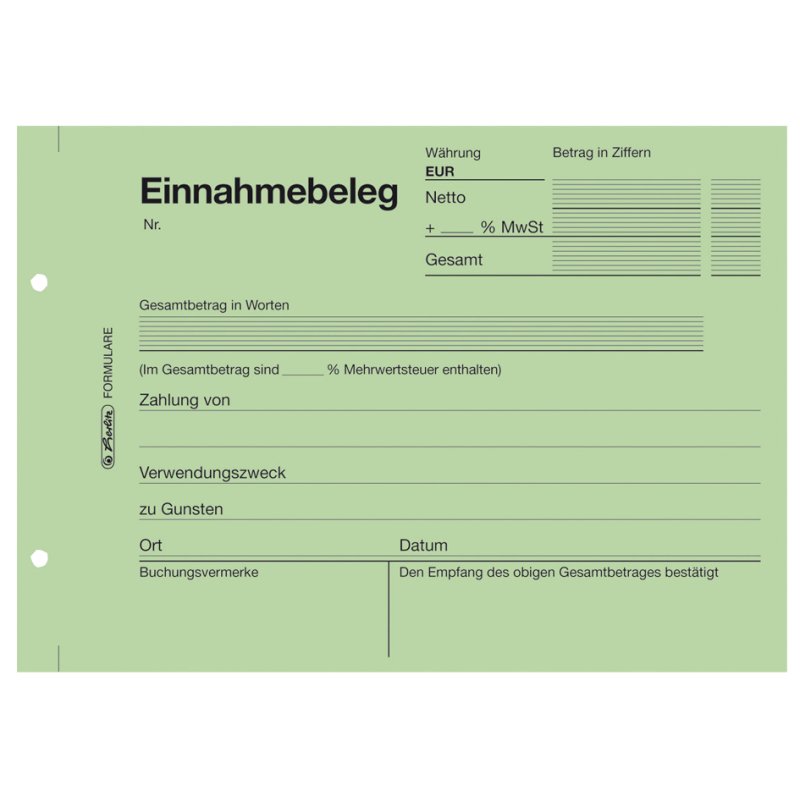 herlitz formulierboek Inkomstenbon 301, DIN A6, groen, 50 vel