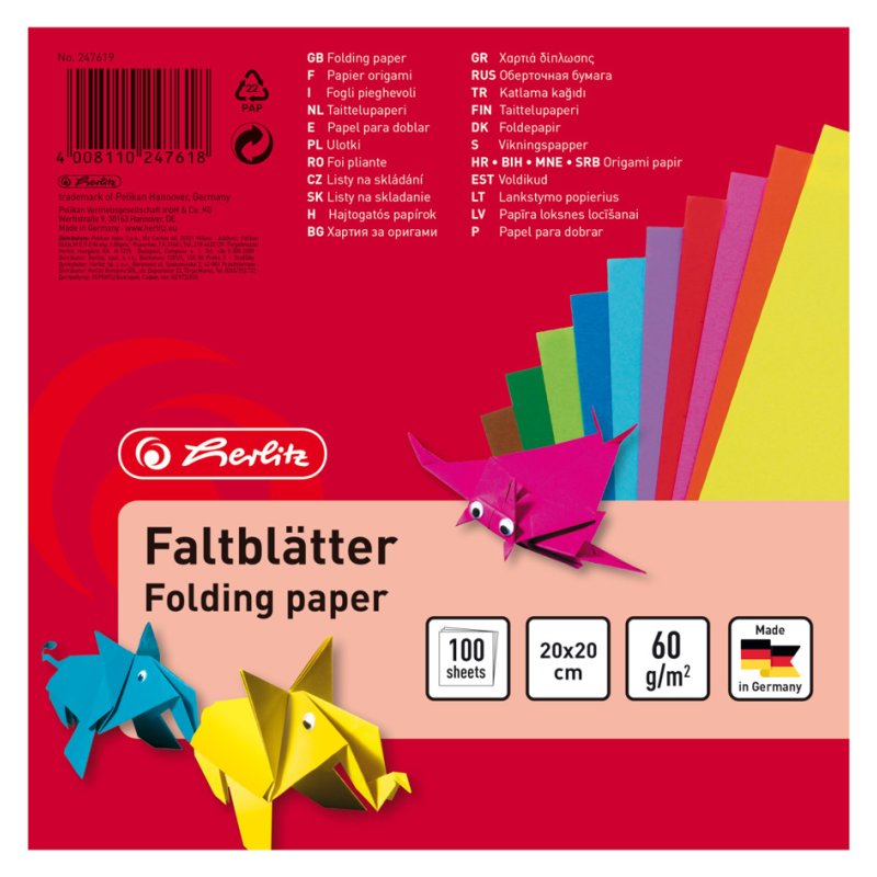 herlitz gekleurd geassorteerde vouwtjes, 200×200 mm, 60 g/m², 100 vel