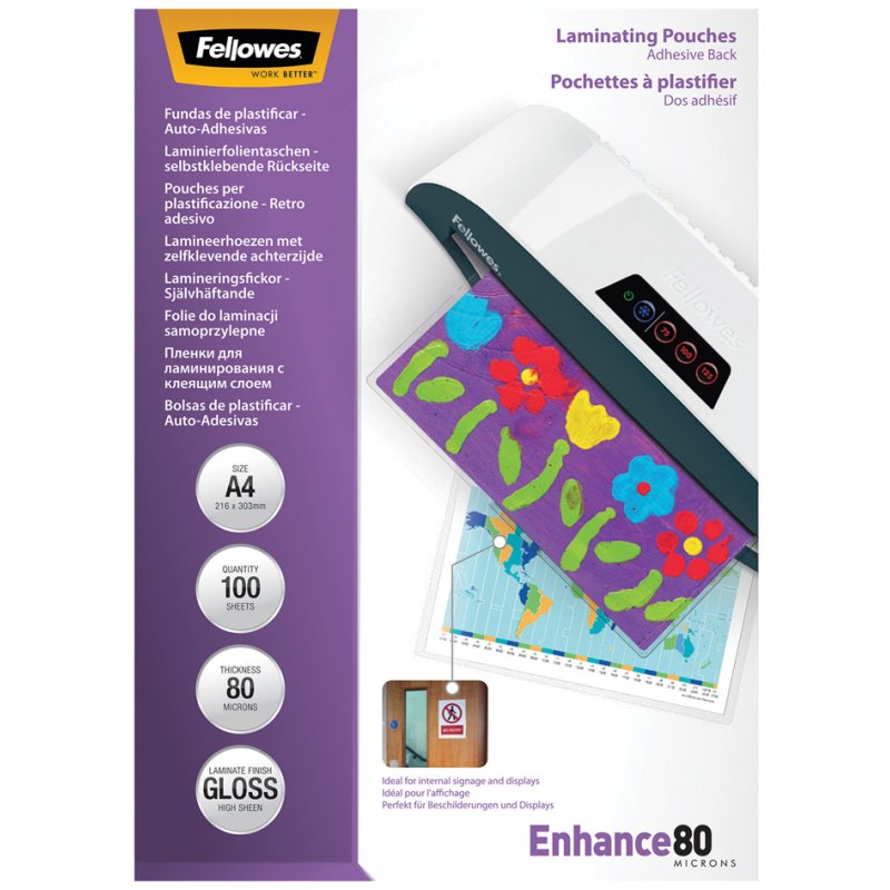 Fellowes pochettes de plastification auto-adhésives A4, 250 mic, brillant, 100 pièces