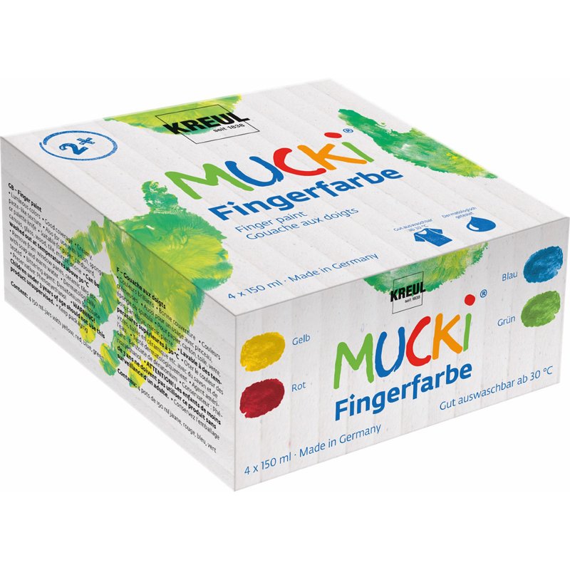 KREUL Mucki vingerverf, 4 potjes, geel/rood/blauw/groen